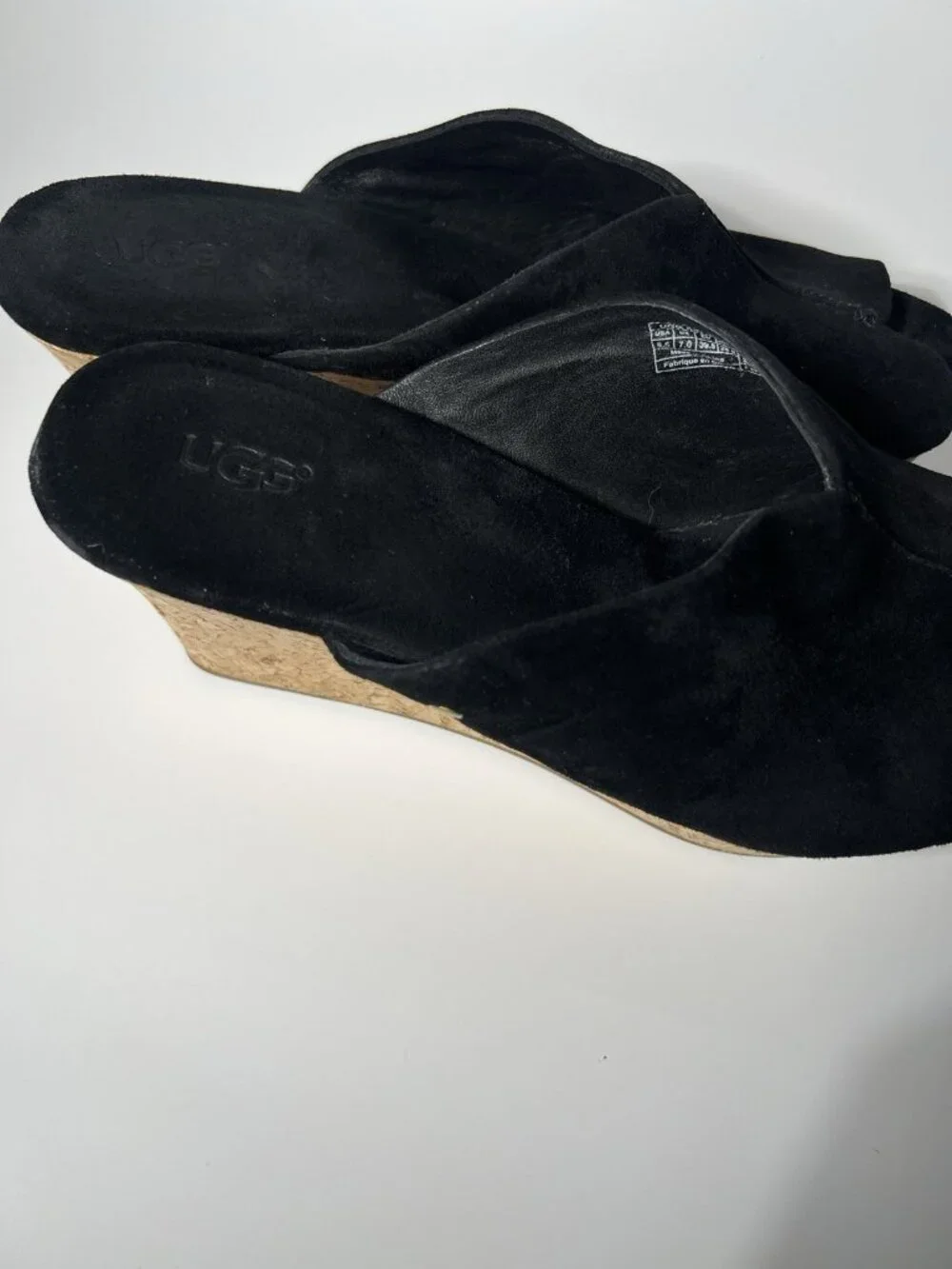 UGG Dominique Black Suede Cork Wedge Platform Slide Sandals Women’s 8.5
